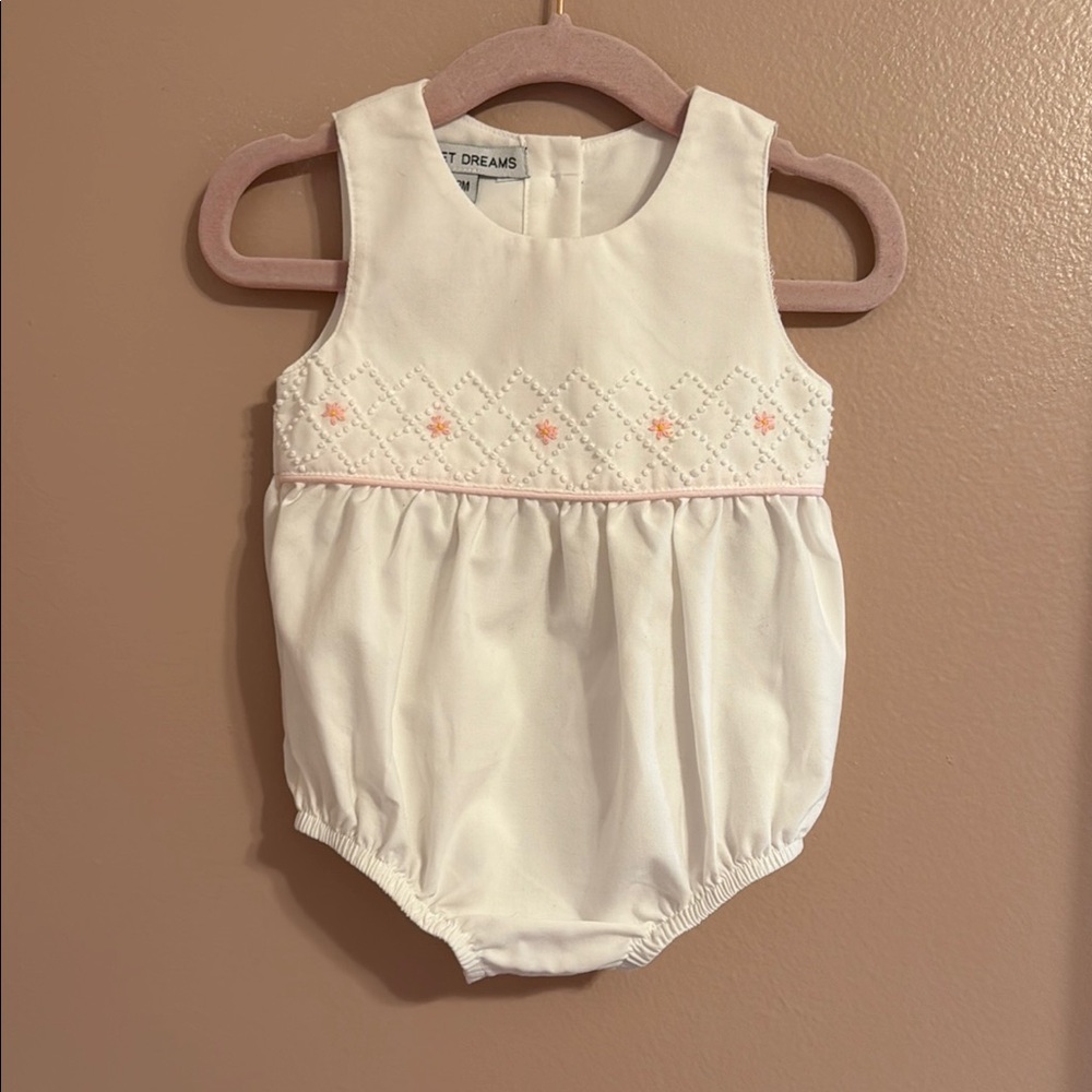 Sweet Dreams White Baby Romper with Pink Embroidery